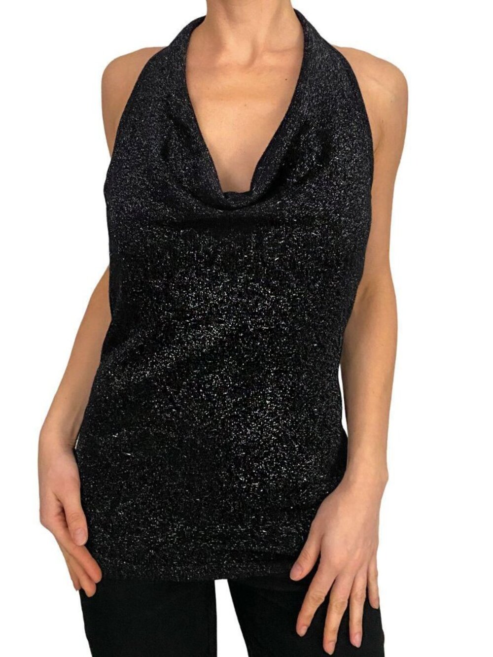 INC y2k 2000s black cowl neck shimmery sparkle knit halter top